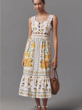 FARM Rio White and Yellow Floral Scallop-Trim Midi Dress in Garden Azaleas